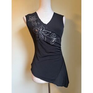 Wild Cat Black Sleeveless Rhinestone Sequin Floral Top Small Y2K whimsi fairy